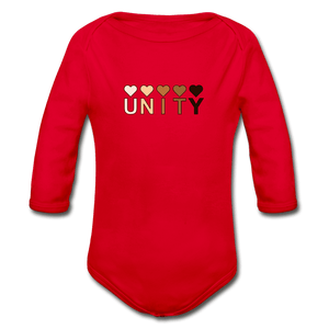 Unity Hearts Organic Long Sleeve Baby Onesie - red