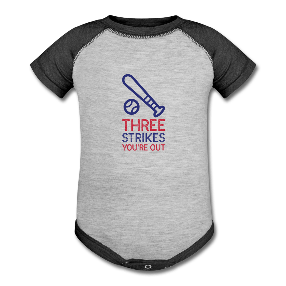 Three Strikes Baseball Baby Onesie - heather gray/navy