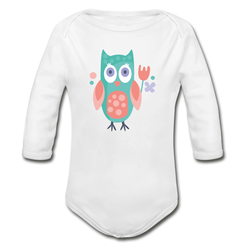Owl Organic Long Sleeve Baby Onesie - white