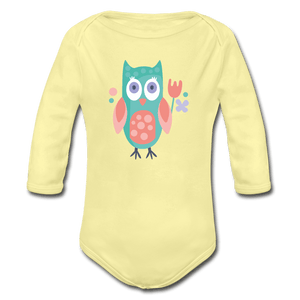 Owl Organic Long Sleeve Baby Onesie - washed yellow