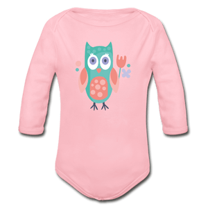 Owl Organic Long Sleeve Baby Onesie - light pink