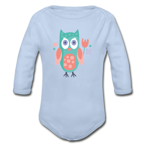 Owl Organic Long Sleeve Baby Onesie - sky