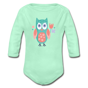 Owl Organic Long Sleeve Baby Onesie - light mint