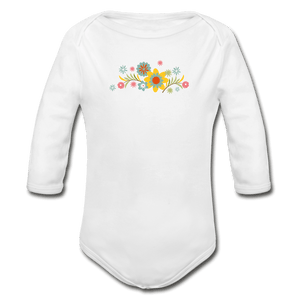 Flower Organic Long Sleeve Baby Onesie - white