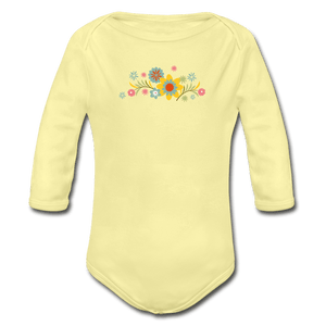 Flower Organic Long Sleeve Baby Onesie - washed yellow
