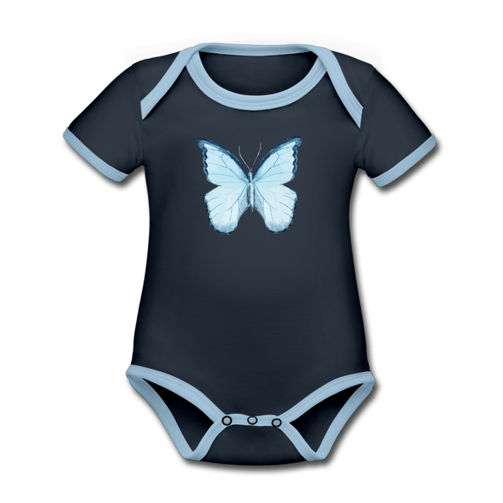 Butterfly Organic Contrast Short Sleeve Baby Onesie - navy/sky