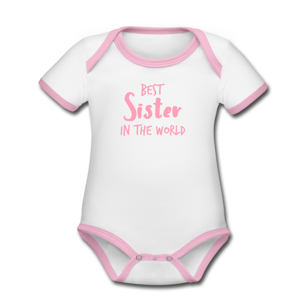 Best Sister Organic Contrast Short Sleeve Baby Onesie - white/pink