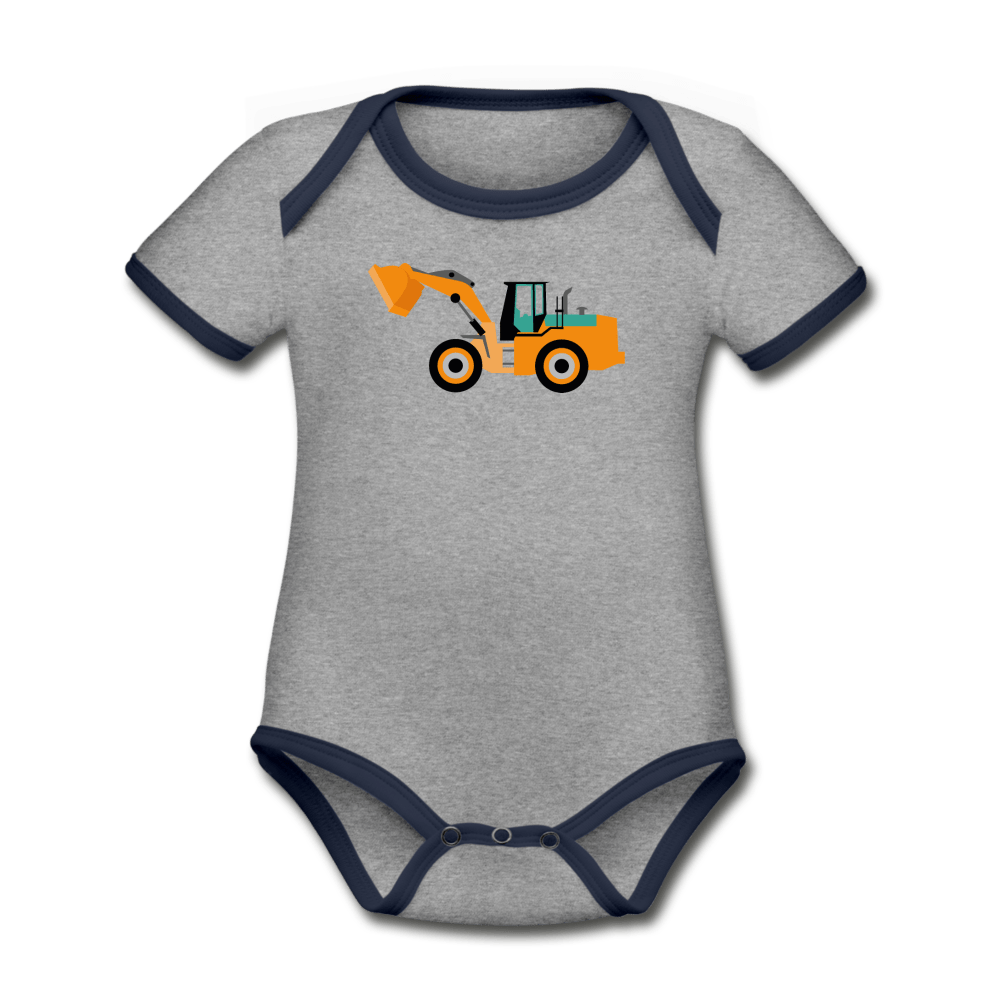 Tractor Organic Contrast Short Sleeve Baby Onesie - heather gray/navy